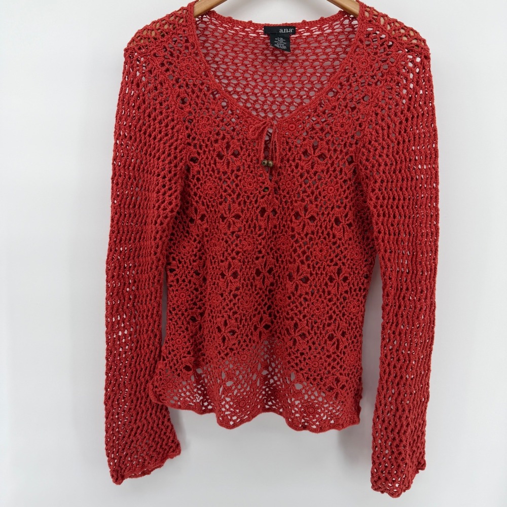 ANA Womens Rust Red Crochet Knit Long Sleeve Top Boho Floral V-Neck Large